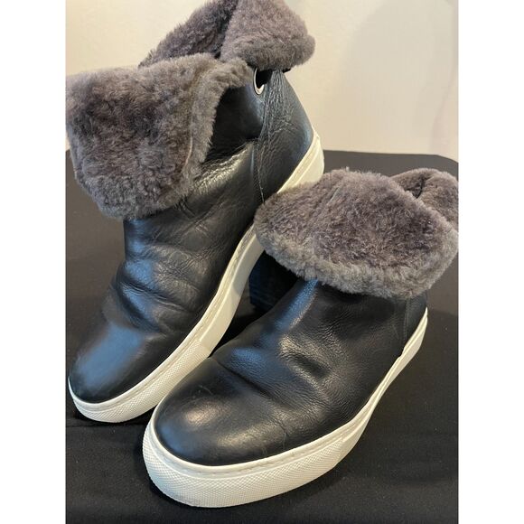 ~ M. Gemi Gia Leather Shearling Black Boots 40 Bow, Foldover Ankle 9 Chelsea - Picture 3 of 11